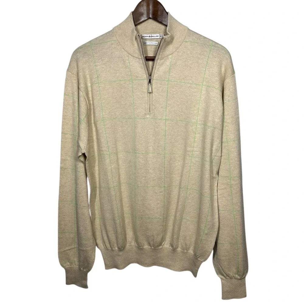 Peter‎ Millar Mens Quarter Zip Sweater Beige Green Plaid Cotton Cashmere Size M
